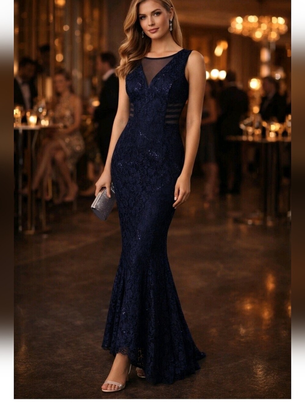 Alexa B Nites Mesh Sheer Lace Sequin Evening Dress Mermaid Gown Formal Prom 8